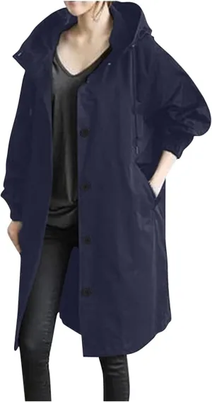 XUNRYAN Plus Size Women's Trench Jackets Rain Jacket Loose Hooded Oversized Elegant Windbreaker Comfortable Coat Outwear